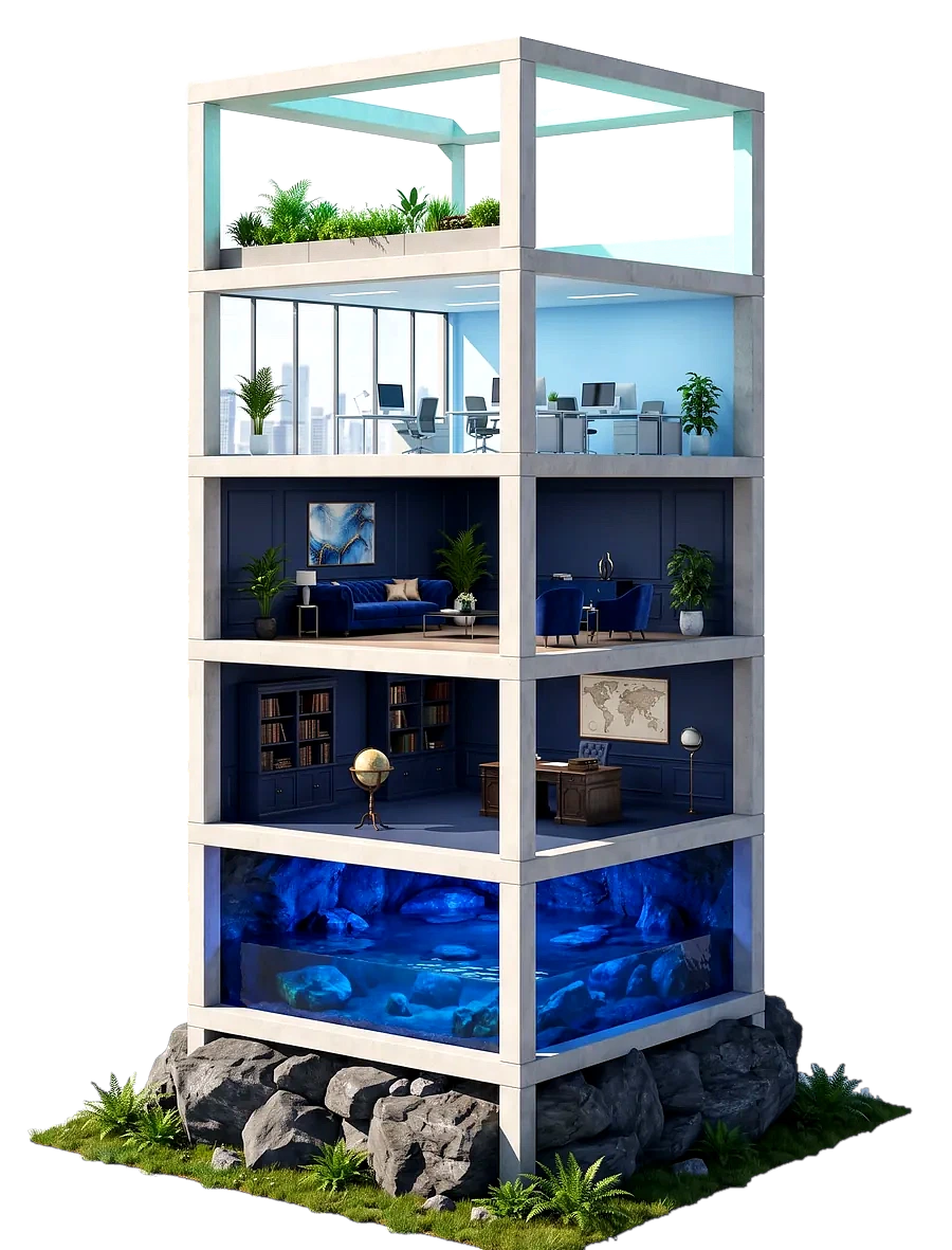 Immeuble en coupe de six étages, de la roche des fondations jusqu'à la terrasse lumineuse